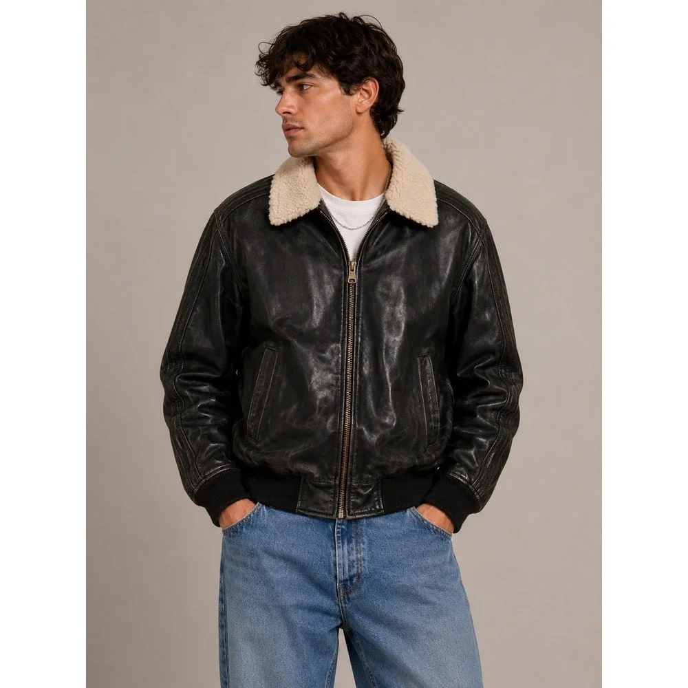 The Original Arizona Jean Mens Faux‎ Leather Bomber Jacket Sherpa Collar XLT |W1